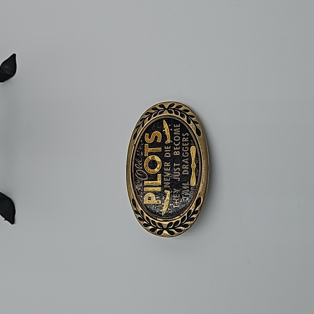 Solid Brass buckle with enamel decorations, "OLD Pilots" by Heritage Buckles.